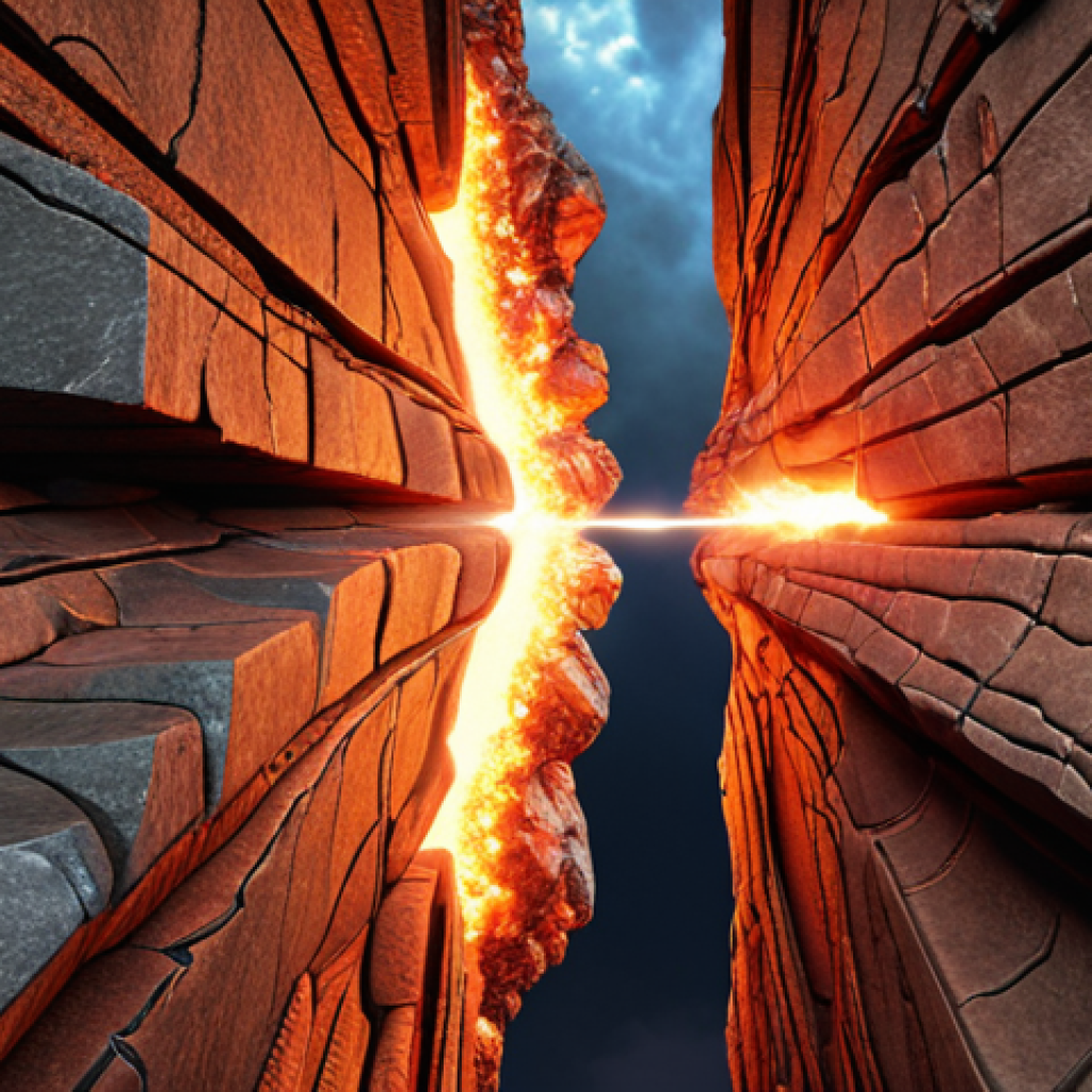 **Tectonic Plates Clash:** A dramatic visual representation of massive tectonic plates colliding and grinding against each other, creating immense pressure and energy. Include visual cues of the Earth's crust cracking and shifting.