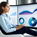 A professional female graphic designer in a modest business casual attire, a collared shirt and tailored trousers, sitting comfortably at a sleek ergonomic desk in a brightly lit modern design studio. She is focused, naturally interacting with a large, translucent holographic interface displaying abstract design elements and data visualizations. The studio features large monitors and clean aesthetics. Fully clothed, appropriate attire, professional dress, perfect anatomy, correct proportions, natural pose, well-formed hands, proper finger count, natural body proportions, safe for work, appropriate content, professional photography, high quality, family-friendly.