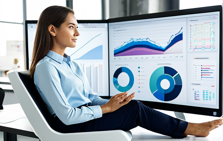 A professional female graphic designer in a modest business casual attire, a collared shirt and tailored trousers, sitting comfortably at a sleek ergonomic desk in a brightly lit modern design studio. She is focused, naturally interacting with a large, translucent holographic interface displaying abstract design elements and data visualizations. The studio features large monitors and clean aesthetics. Fully clothed, appropriate attire, professional dress, perfect anatomy, correct proportions, natural pose, well-formed hands, proper finger count, natural body proportions, safe for work, appropriate content, professional photography, high quality, family-friendly.