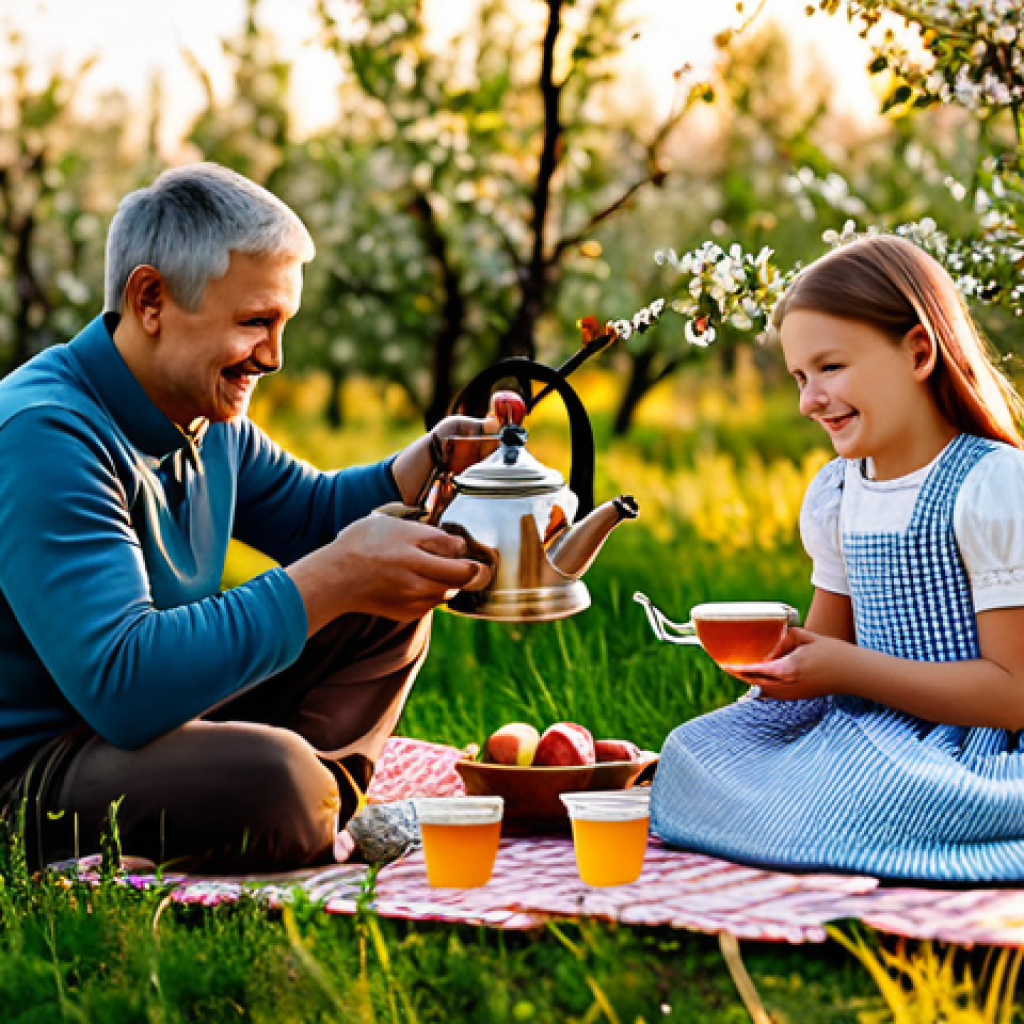 **

"A cheerful family is having a picnic in a blooming apple orchard near Suzdal, Russia. The mother is pouring tea from a samovar, while the father and children are enjoying blini with honey. Golden hour light, warm and inviting atmosphere, safe for work, appropriate content, fully clothed, professional, family-friendly."

**