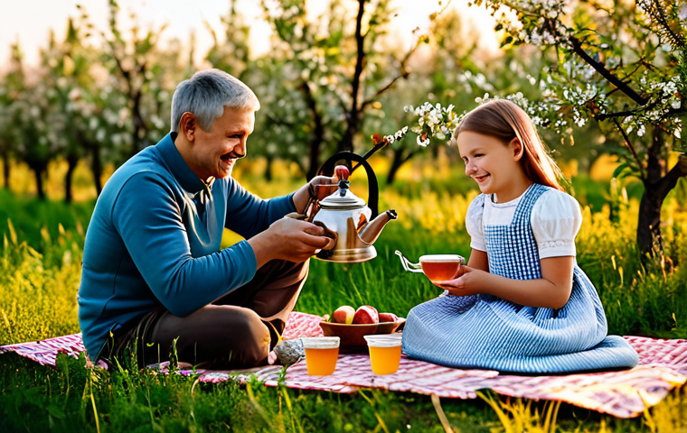 **

"A cheerful family is having a picnic in a blooming apple orchard near Suzdal, Russia. The mother is pouring tea from a samovar, while the father and children are enjoying blini with honey. Golden hour light, warm and inviting atmosphere, safe for work, appropriate content, fully clothed, professional, family-friendly."

**