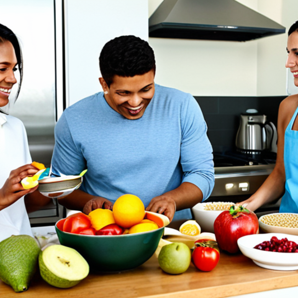 Healthy Lifestyle Choices**

A diverse group of people in a bright, modern kitchen preparing a healthy meal together. Fresh fruits, vegetables, and whole grains are prominently displayed. Everyone is fully clothed in casual, comfortable clothing. Focus on the positive energy and connection between the people. Safe for work, appropriate content, family-friendly, fully clothed. Perfect anatomy, natural proportions, professional photography, high quality. The scene should evoke a sense of well-being and emphasize the importance of balanced nutrition.

**