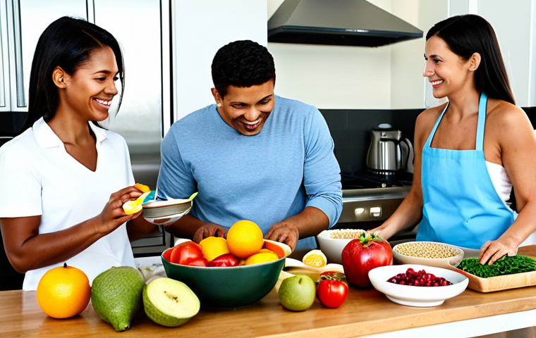 Healthy Lifestyle Choices**

A diverse group of people in a bright, modern kitchen preparing a healthy meal together. Fresh fruits, vegetables, and whole grains are prominently displayed. Everyone is fully clothed in casual, comfortable clothing. Focus on the positive energy and connection between the people. Safe for work, appropriate content, family-friendly, fully clothed. Perfect anatomy, natural proportions, professional photography, high quality. The scene should evoke a sense of well-being and emphasize the importance of balanced nutrition.

**