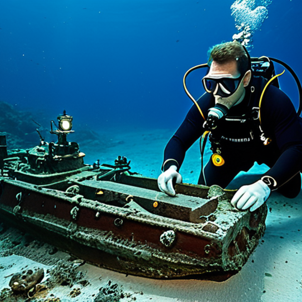 **

A team of marine archaeologists in professional diving gear meticulously excavating a well-preserved shipwreck on the seabed. The scene is illuminated by underwater lights, revealing artifacts such as pottery and ancient tools. In the background, a remotely operated vehicle (ROV) is capturing 3D scans of the site. Safe for work, appropriate content, fully clothed, professional, correct proportions, well-formed hands, perfect anatomy.

**