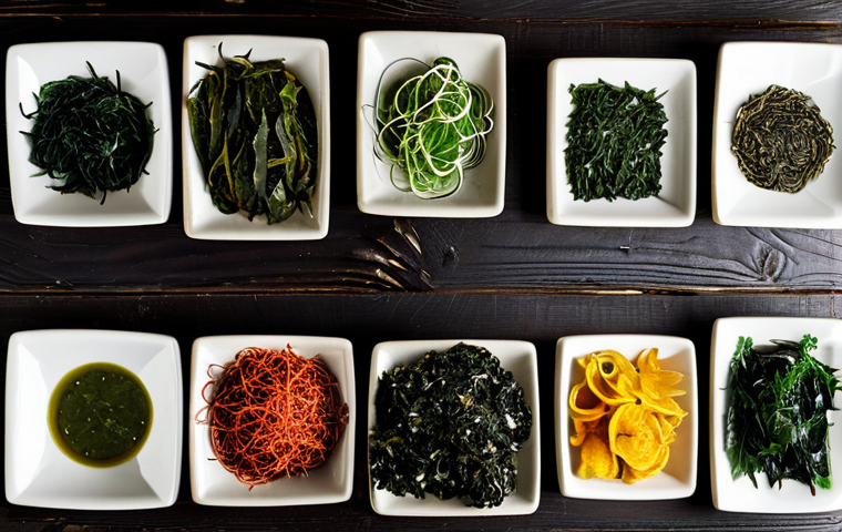 **Prompt:** A diverse selection of vibrant seaweeds (nori, wakame, kombu) artfully arranged on a rustic wooden table, highlighting their textures and colors. Natural lighting, macro photography, educational poster style, promoting healthy eating. Safe for work, appropriate content, fully clothed, professional, family-friendly, perfect anatomy, natural proportions, well-formed presentation.