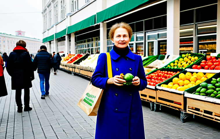 인류와 자연 - Eco-Friendly Grocery Shopping in Moscow**

"A vibrant photo of a modern Russian woman with reusable ...