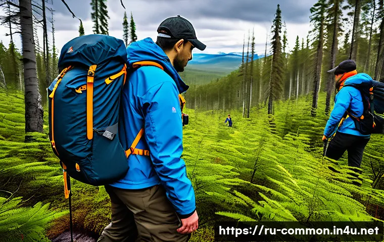 탐험가 - A high-tech scientific expedition team navigating through a dense Siberian taiga forest using advanc...