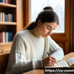 심리학의 기초 - A serene indoor scene depicting a thoughtful young Russian adult sitting at a wooden desk by a large...