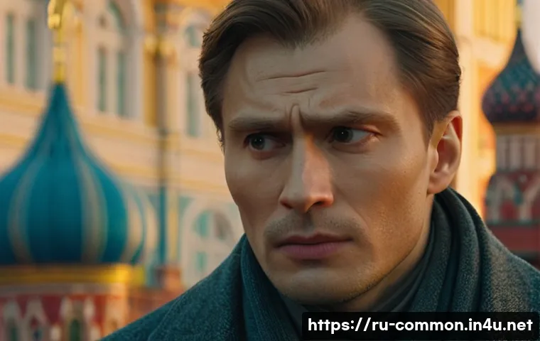 영화 상식 - A cinematic scene capturing a close-up of a thoughtful Russian actor’s face in soft, warm lighting, ...
