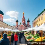 환경 상식 - A vibrant urban farmer’s market scene in a Russian city, with diverse people browsing stalls filled ...