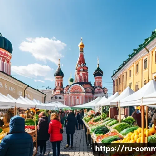 환경 상식 - A vibrant urban farmer’s market scene in a Russian city, with diverse people browsing stalls filled ...