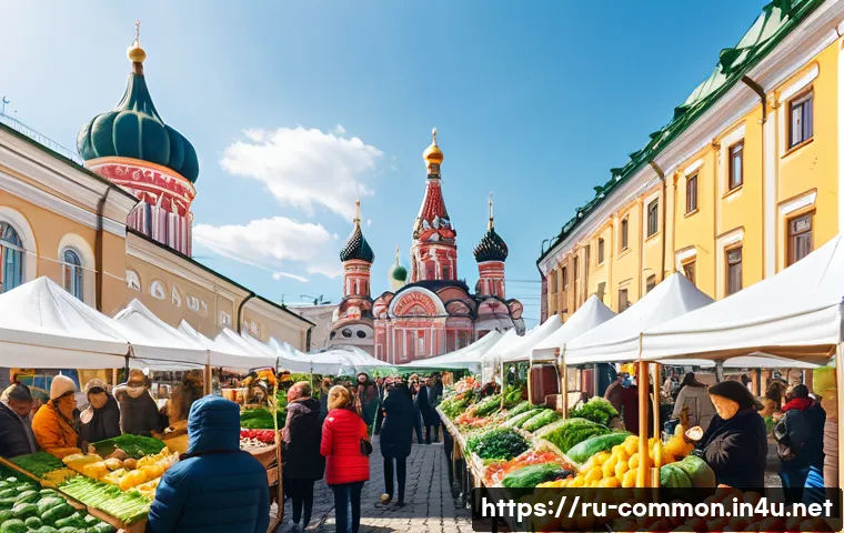 환경 상식 - A vibrant urban farmer’s market scene in a Russian city, with diverse people browsing stalls filled ...