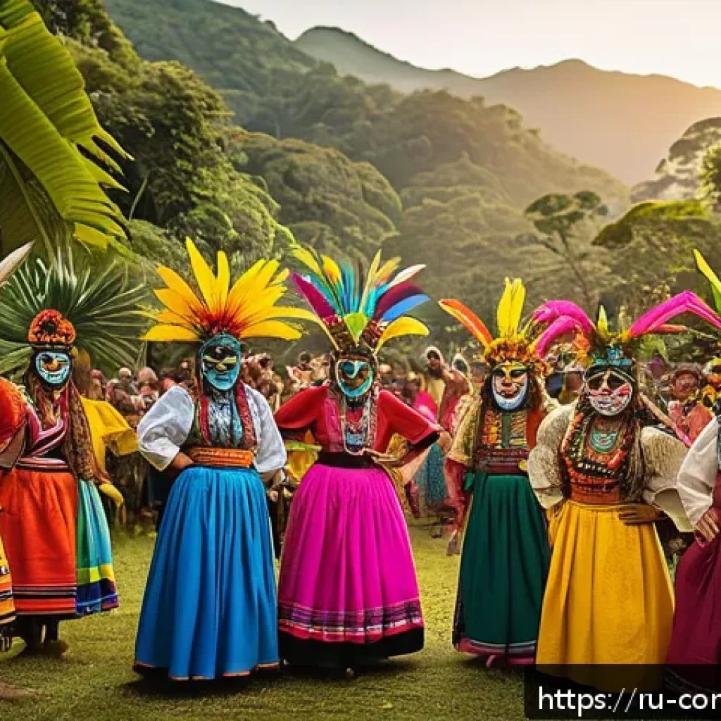 세계의 기념일 - A vibrant South American harvest festival scene featuring local villagers wearing colorful tradition...
