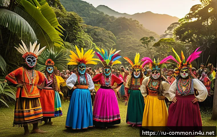 세계의 기념일 - A vibrant South American harvest festival scene featuring local villagers wearing colorful tradition...
