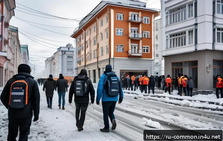 세계의 재난 - A detailed urban scene in a Russian city showing modern earthquake-resistant buildings with flexible...