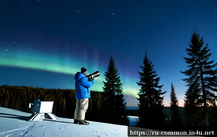 외계 생명체 - Photorealistic night scene at a rural Russian observatory, an astronomer in a warm winter jacket sta...